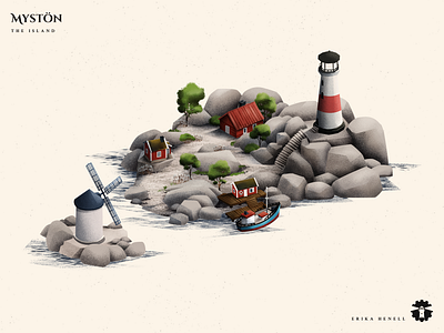 Mystön - Swedish Archipelago Island 2d art archipelago architecture art assets design game art game asset game assets houses illustration island lighthouse myst nature windmill