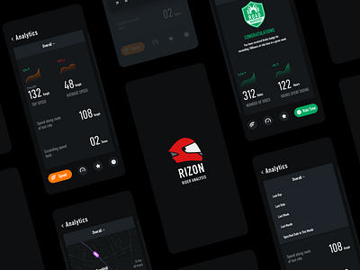 RIDER ANALYTICS APP badges bike bikers bikes black brand identity branding dark app dark ui design flat helmet icon illustration logo minimal rewards ui vector