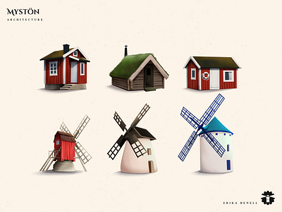 Mystön - Architecture 2d art architecture art assets boat house cabin design game art game assets houses illustration myst swedish house windmill