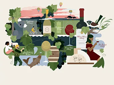 Wine Tour animals botanicals character digital editorial folioart illustration landscape nature sally caulwell travel wine