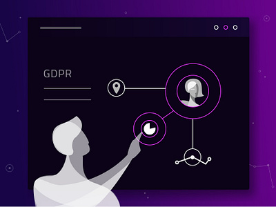 GDPR web illustration background art brand identity branding commercial illustration connection dark theme digital gdpr guy human illustration interface neon person purple social media space vector webdesign