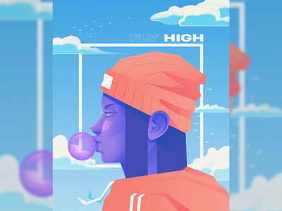 Fly High art beanie birds bubblegum character clouds illustration poster poster art sky street fashion vector