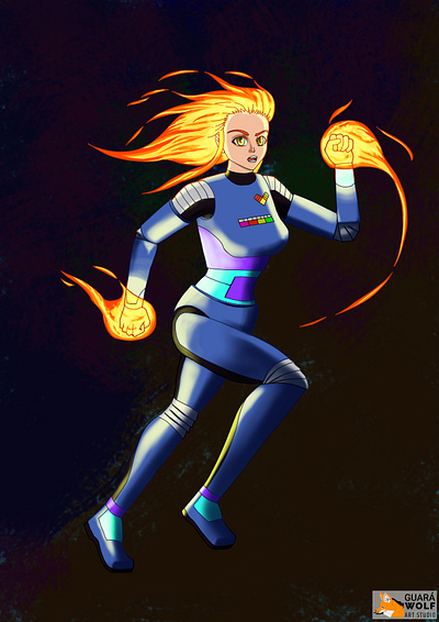 Firegirl anime anime girl blue contrast dark background fire future futuristic girl manga metal orange running shading shadows space suit woman yellow