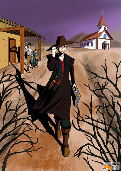 Suspicious Evil Man child church desert evil gloves hat man manga overcoat sand shadows suitcase village woman wood