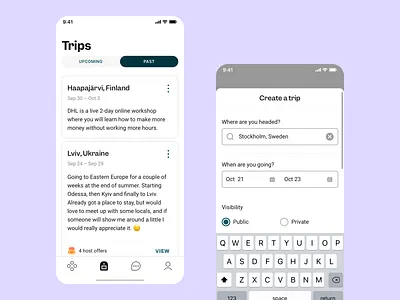 Tribevibe Trips to Everywhere accomodation app design community date range design flight holiday hospitality journey location mobile design mobile ui mobile ux modal window product design transportation travel traveling trip planner trips