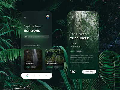 Adventures App adventure app blur design glass glassmorphism green icon jungle light mobile mobile app mobile uiux navigation shadow tags typography ui ux vector