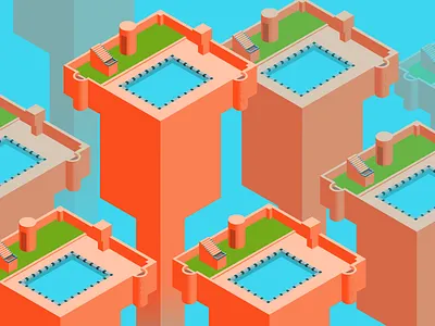Island towers isometric architecture flat isometric red