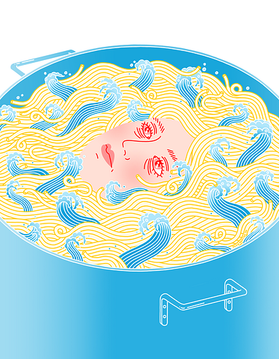 A Watched Pot Never Boils boil cooking digital illustration editorial food illustration noodles portrait ramen water waves