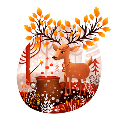 Deer potion maker with magic wand deer fall illustration magic red tree