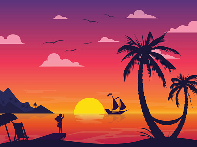 Farewell Beach adobe illustrator beach design flat girl goodbye illustration illustrator landscape mountains sunset ui vector