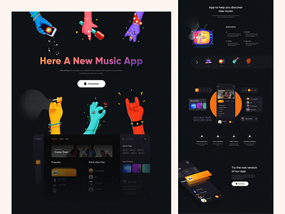 Music Landing app branding character clean colors dark dashboard design download icons illustration interface landing mobile mobile app ui ux website