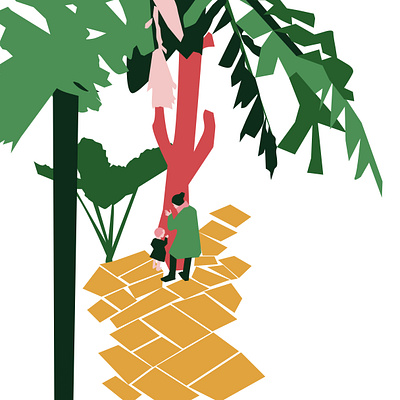 A woman and a child listening to the vibes of a tropical tree child illustration inkscape tree woman