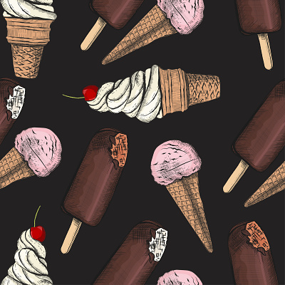 Ice cream in engraved style. Seamless pattern backdrop background black candy chocolate colored delicious design engraving flavor frozen hand drawn ice cream illustration pattern seamless summer tasty vector vintage