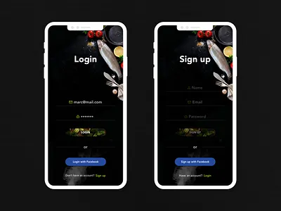 Food Login Screen app app design daily ui 001 dailyui dailyuichallenge dark mode dark ui food food and drink food app food delivery graphic design illustration login minimal mobile app registration sign up ui ux