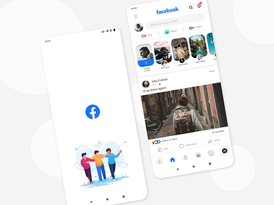 Facebook App - Redesign Concept blue bottom navigation comment facebook facebook app family fb feed friend friends home like button navbar phone phone app redesign splash stories story ui