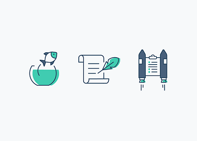 🐠🖋️🚀 evaluation feather pen fish fish bowl icon illustration rocket rocketship scroll vector