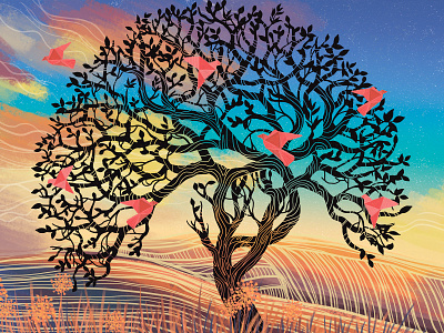 "Harmony Tree" by Masha Van for Intalence Art art digital art digital illustration drawing harmony idea nature sunset tree