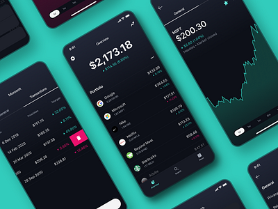 Stocks App charts dark app dark mode dark theme dark ui finance fintech green ios mobile mobile app pink portfolio stocks trading trading app ui ui design