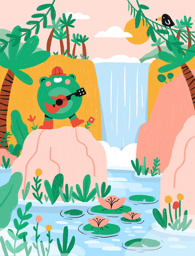 Singing in the jungle frog guitar jungle landscape nature palmtree toucan ukulele waterfall