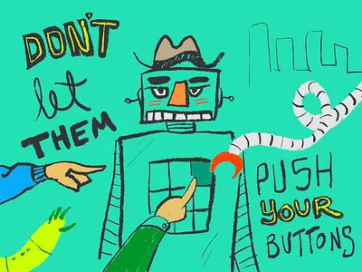 Pushing Buttons robots illustration whimsical