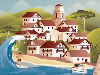 Poster Pays Basque affiche biarritz blue boat city france graphic green illustration ocean poster art red saintjeandeluz surf surfing vector