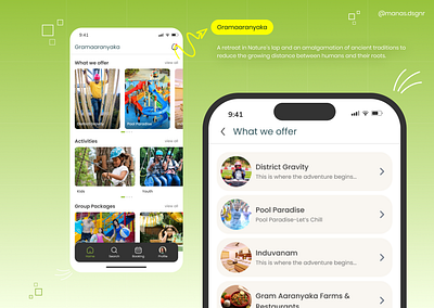 Gramaaranyaka - the concept adventure activities mobile app adventure app branding dayouting app family trip app graphic design hotel mobile app mobile app mobile app design mobile ui ux resort resort mobile app travel app uiux user experience user interface visual design