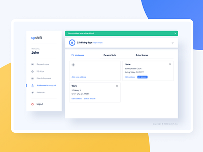 Upshift - Addresses app blue cards cars components dashboard design design system desktop edit experience interface nofitication product ui user ux ux design visual web