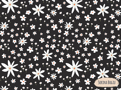 Wild Meadow Dark Background blackandwhite bloom clean daisies flower flowerpattern flowers illustration handdrawn illustration illustrator minimal modern orange pattern patterndesigner surfacepatterndesign white whiteflowers wildflowers wildmeadow