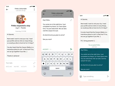Tribevibe Hosting Request accept accomodation chat app chat bubble chatting communication community hospitality host hosting iphone mobile app mobile design mobile ui mobile ux modal window online community request send message talk bubble