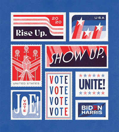 Rise Up, Show Up, Unite 2020 biden harris 2020 illustration illustrator joe biden kamala harris postage print retro stamp true grit texture supply unite usps vector vintage vote