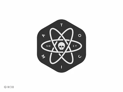 W38 - Atomic S. atom atomic badge blackandwhite dead death exagon face head icon illustration light shadow skull skull logo sticker
