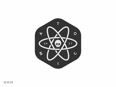 W38 - Atomic S. atom atomic badge blackandwhite dead death exagon face head icon illustration light shadow skull skull logo sticker