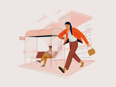 In a rush bus character design graphic illustration late man mobile pastel people pink rushing vector woman women