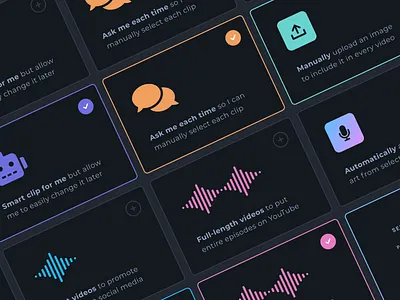 Selection Cards app checkbox color component composition dark mode dark ui design icons interface personalization podcasting product selector site ui ux web website
