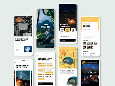 Camping App adobe adobe xd animation app branding camp camping camping logo design figma here illustration illustrator typography ui ui design yellow
