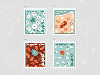 Stamps Four Seasons in Bulgaria | Illustration autumn bulgaria bulgarian card deliver illustration letter lettermark post postage postage stamp postal postal service postcard seasons spring stamps summer winter