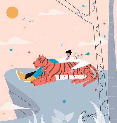 Chilling with Pet Illustration flatillustration illustration man pet sky tiger vector vectorart