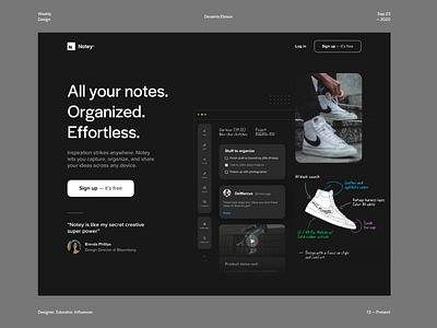 Notey Landing Page 2020 trends branding cards clean design dark app dark theme dark ui hero section illustration landing page mobile app modern design notes notes app notes widget shoes testimonial typography web app web design