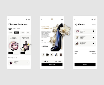 Perfume Online Shop 2020 trends app app design apple branding figma filters iphone luxury luxury brand mobile app online shop order perfume product product design shopping cart ui uiux ux