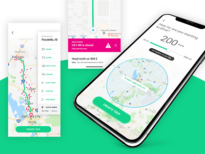 Road Trip App - Pick Your Distance driving explore map mobile navigation roadtrip travel ui uiux ux ux design