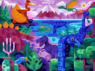 Dinosaur Era coloring book coloring page concept dinosaurs flat design game design gaming illustration jurassic world landscape mobile gaming puzzles scene vector world