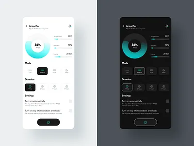 Smart Home - Light & Dark mode 🌗 air purifier app bar chart dark mode design eco ecology energy graph iot light mode mobile mode savings smart home smarthome ui usage ux