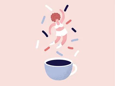Morning coffee ai character coffee flat girl grain illustration pink tea texture vector