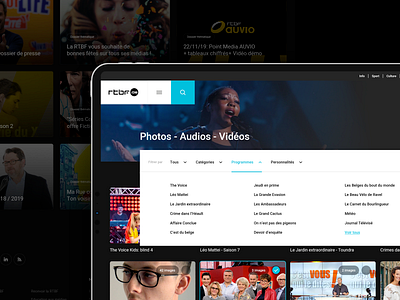 Optimised experience for RTBF Pro. card design filters search selection selector webdesign