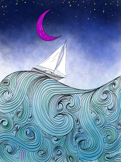 To The Sea digital art illustration line work lines night sky ocean palkev procreate purple purple moon sailboat sailboats sea stars whimsical