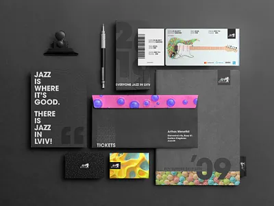 Festival Stationery 🎸 3d brand brand identity branding business card design cinema 4d design envelope design festival graphic design identity identity design jazz jazz festival minimalistic redshift3d stationery tickets