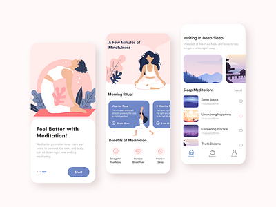 Meditation App UI Design app app design apple clean ui design illustration illustrator meditation mobile app mobile ui music app pink design splash page ui design vector vector illustration yoga app