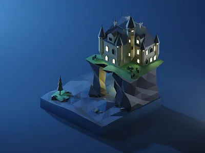 Castle At Night 3d 3dillustration 3dmodeling b3d blender3d diorama illustration isometric low poly lowpoly lowpolyart render renders