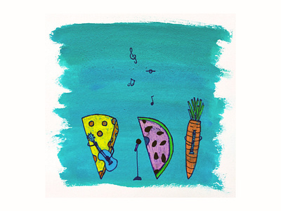 Food Orchestra artwork band carrot cheese children book illustration design fine art food fruit illustration ink music ombre pen and ink pink rock band stationery design vegetables watermelon yellow
