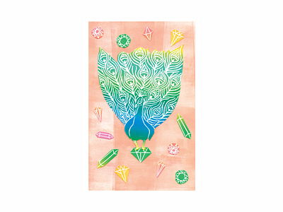 Crystal Peacock artwork bird block printing blue children book illustration color color palette coral crystals design fine art gold green illustration ombre papercut papercutting peacock pink stationery design